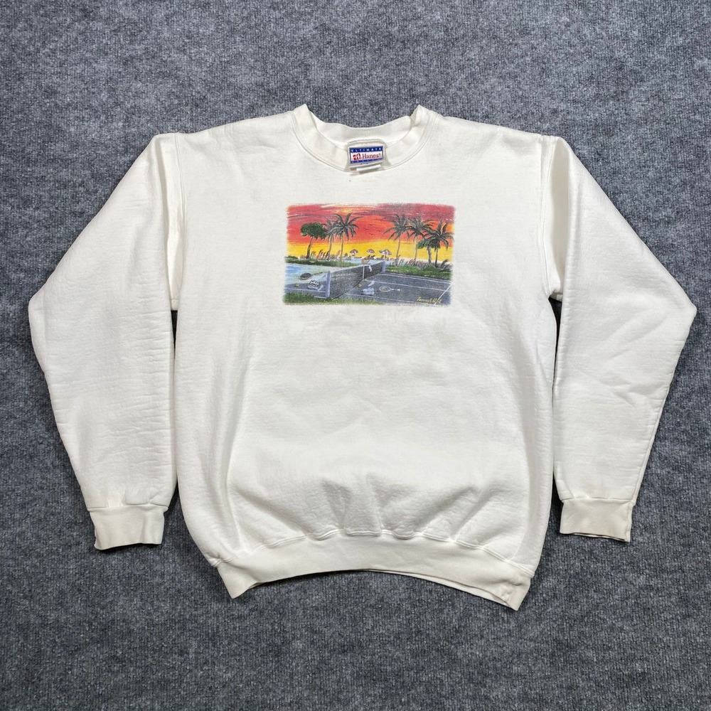 Vintage Hanes Cotton White Sweatshirt Tropical Sunset Tennis sz Small